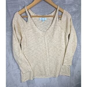 She + Sky Cream Boho Gypsy Knit Cold Shoulder Sweater V Neck Size Small